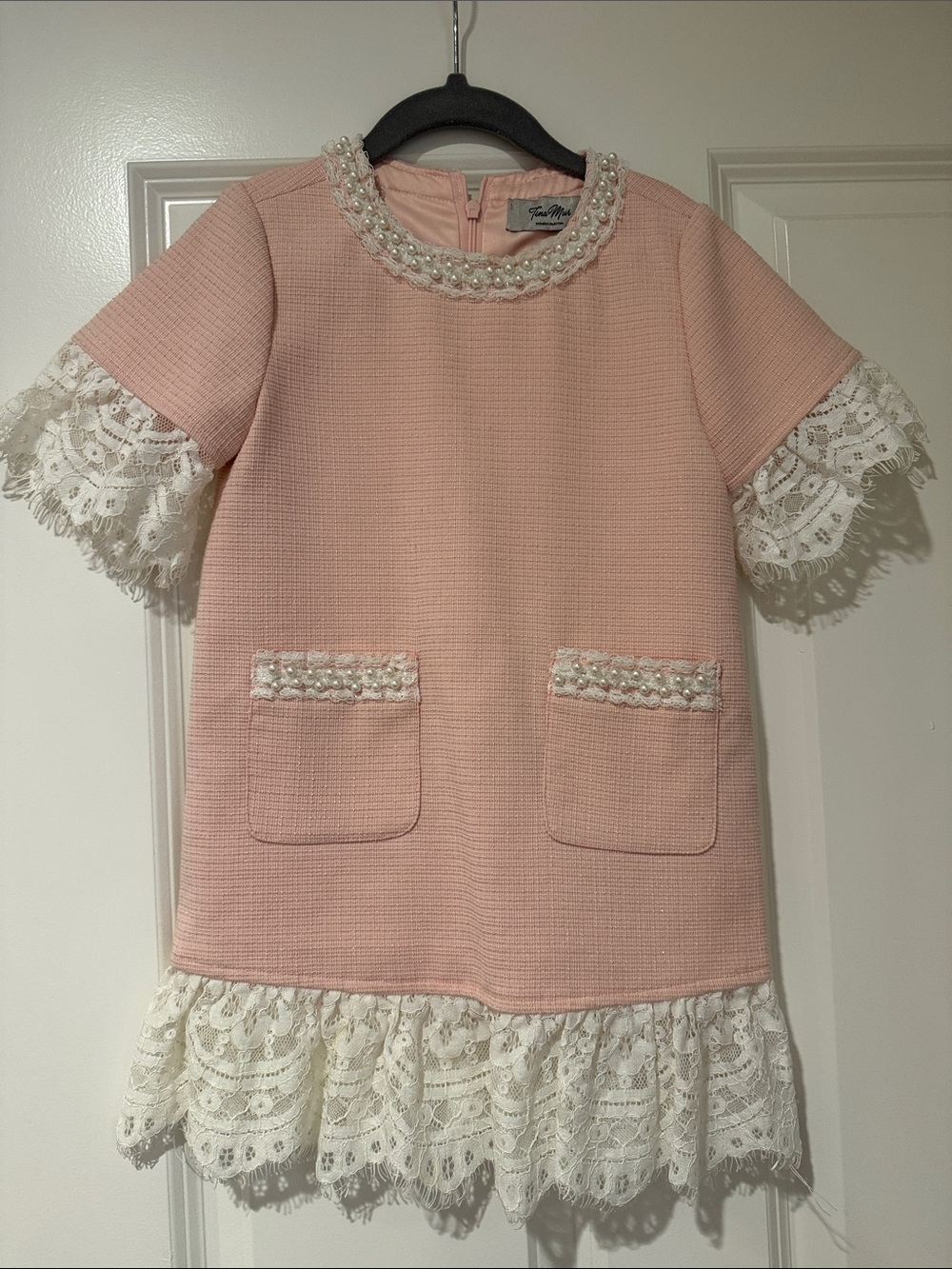 Girls' Pink Lace-Trim Dress Top with Pearl Neckline